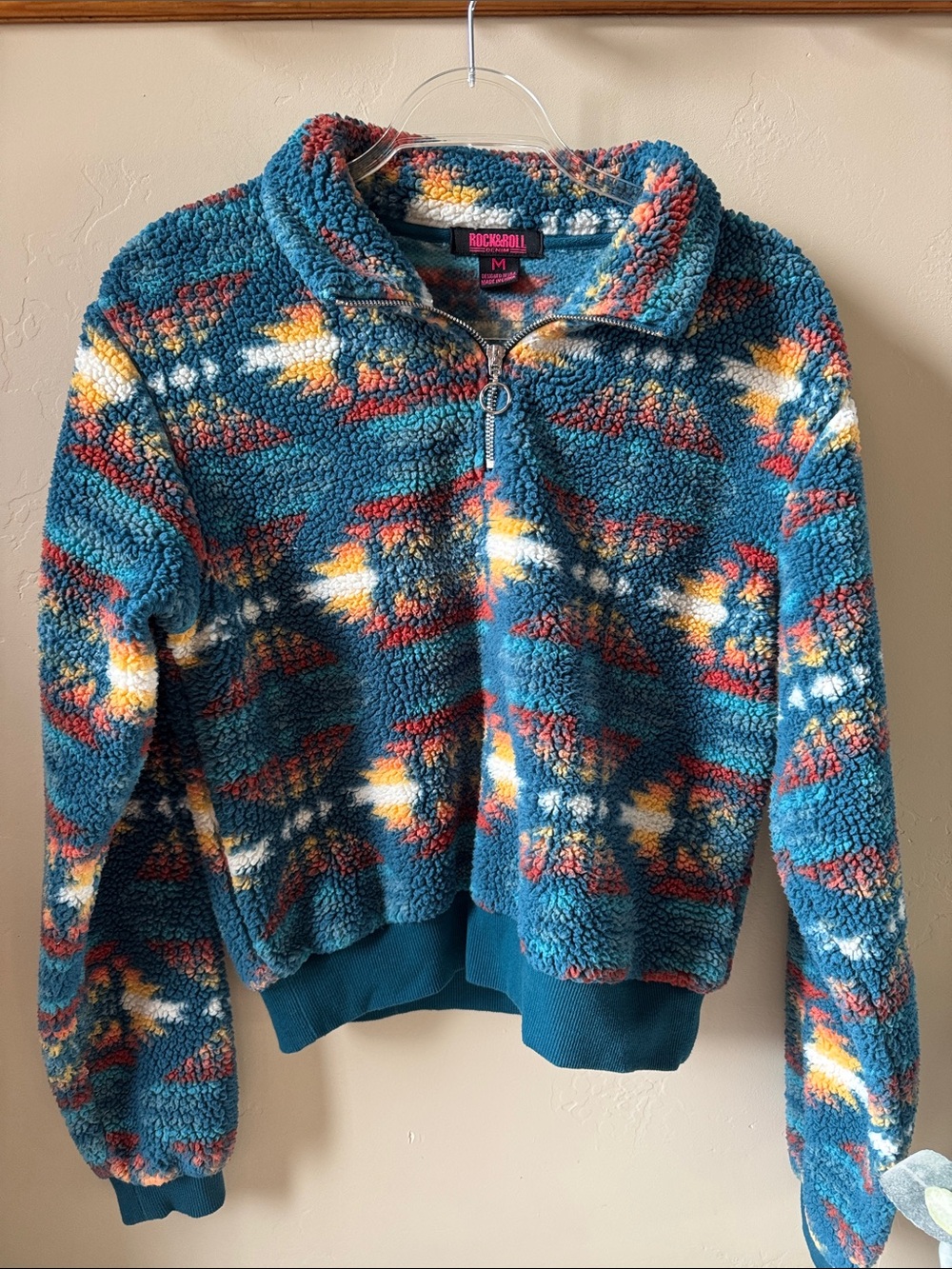 Rock & Roll Denim Teal Aztec Sherpa Quarter-Zip Sweater